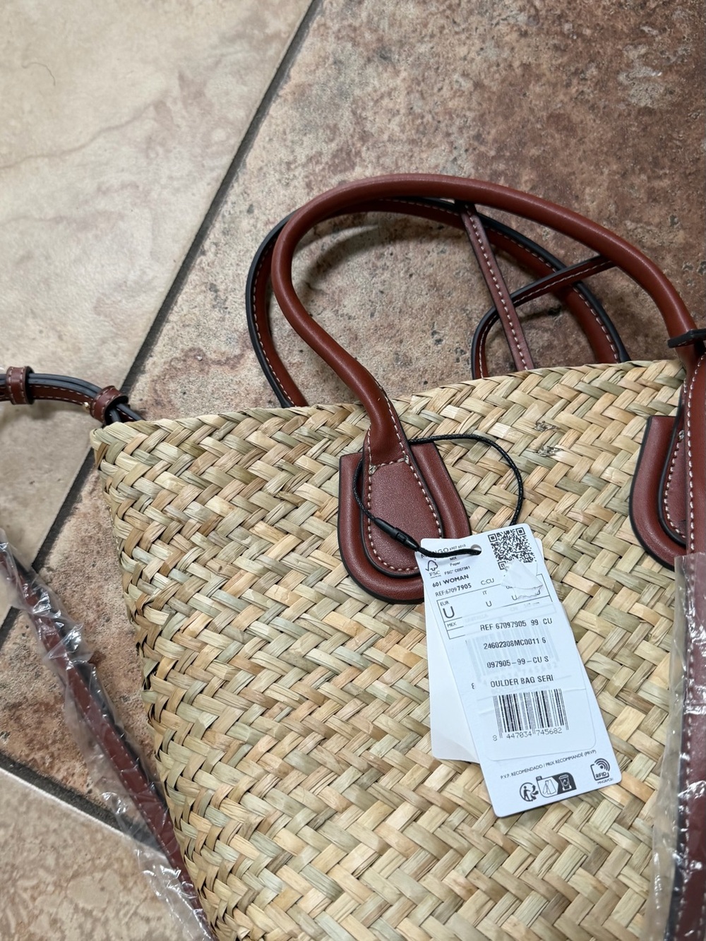 Mango Natural Woven Tote with Brown Leather Handles - Picture 2 of 5